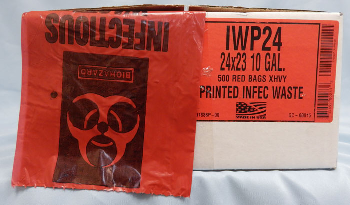 white case with red label, red liner with biohazard symbol displayed